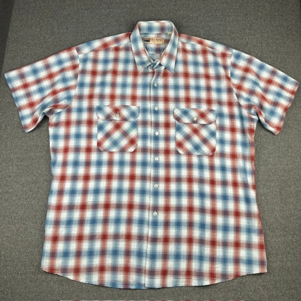 Vintage Big Mac Workwear Plaid Shirt Mens Red White Blue Short Sleeve Distressed